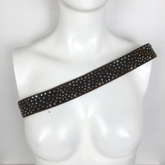 Brown Genuine Leather Belt Mixed Metal Studs Silver Tone Buckle Women’s Size L - Picture 10 of 10